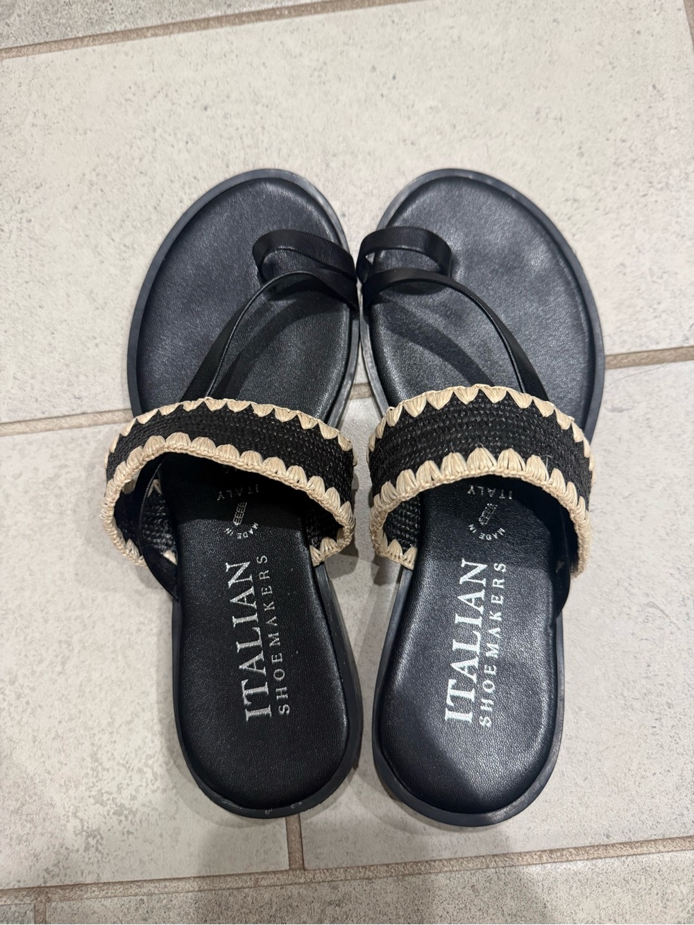 Italian Shoemakers Black and Natural Raffia-Trim Slide Sandals